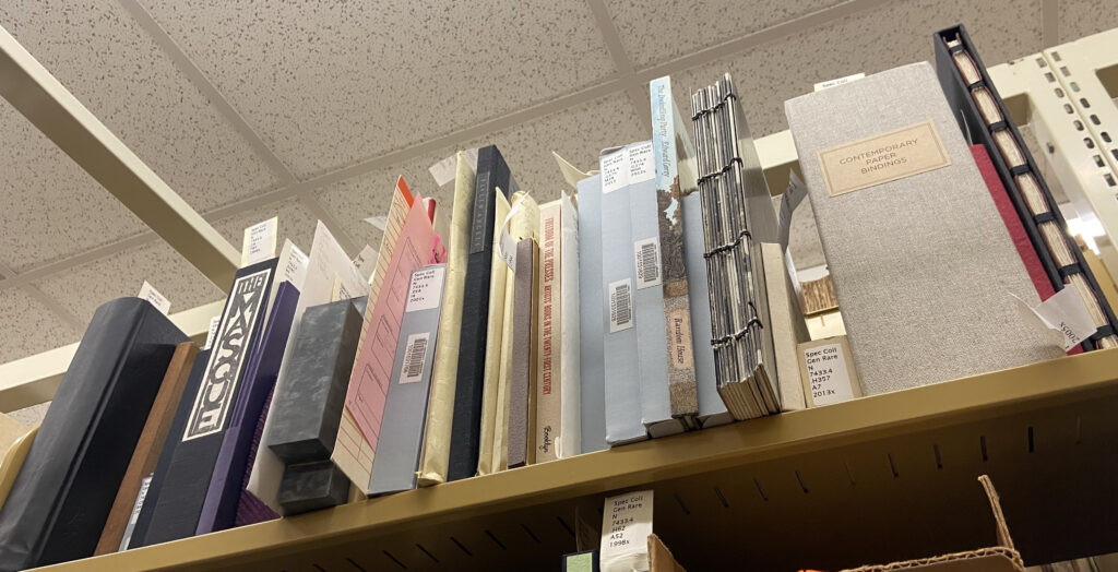 A view of the top shelf that houses some artists' books illustrating the variation in size and shape. 