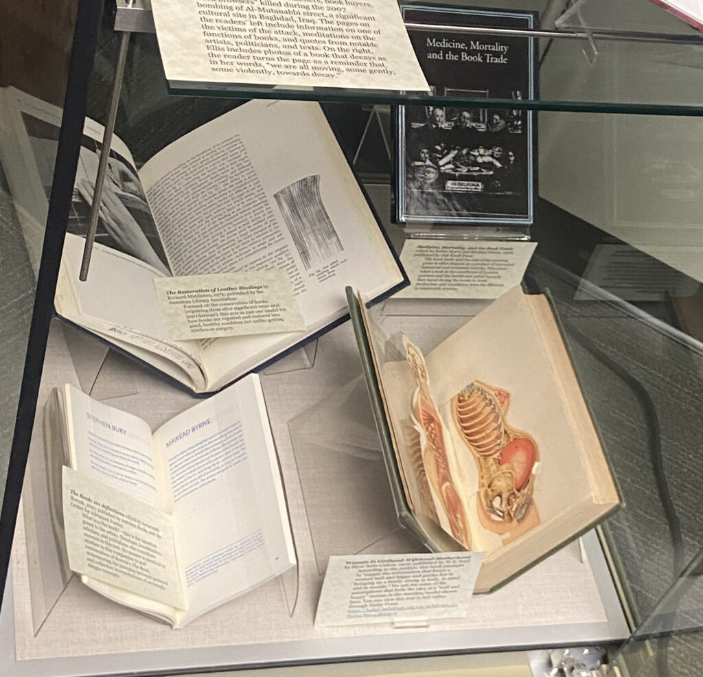 Display bottom shelf (from left to right): The Restoration of Leather Bindings (back), The Book: 101 Definitions (front), Medicine, Mortality, and the Book Trade (back), Woman in Girlhood-Wifehood-Motherhood (front). 