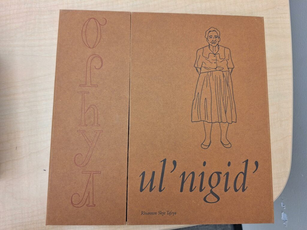 Front cover of ul'nigid' artists' book by rhiannon skye tafoya, 2019.