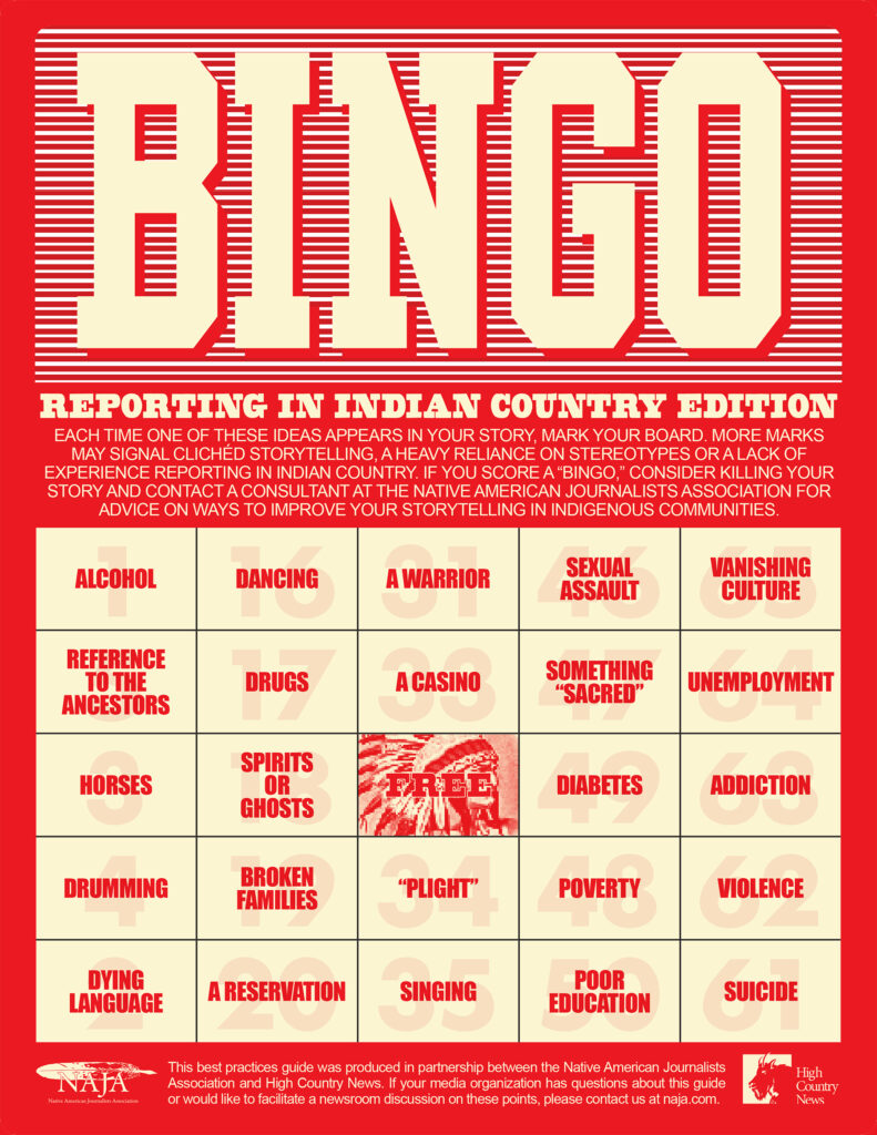 Indigenous Journalists Association stereotype Bingo Card, "Reporting in Indian Country Edition."