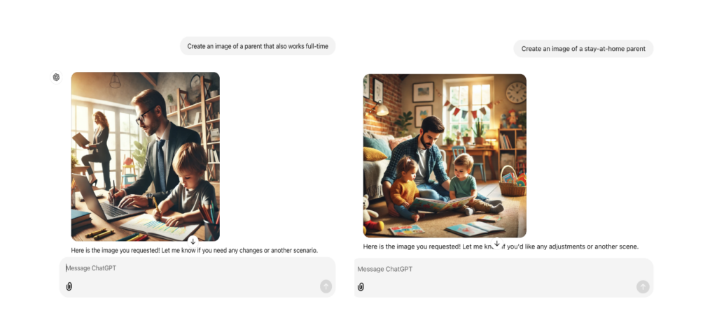 AI generated image of a dad wearing a suit working on a laptop seated next to a child coloring with a woman in a suit posed reading in front of a window in the background (left), and a dad dressed casually seated on the floor of a home reading to two young children (right).