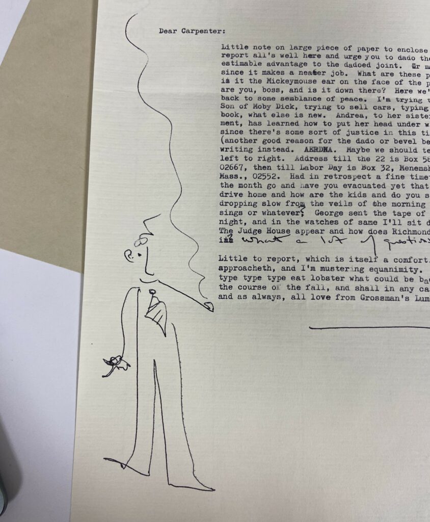 A small doodle of a man in the margins of a letter, he is wearing a tie and smoking