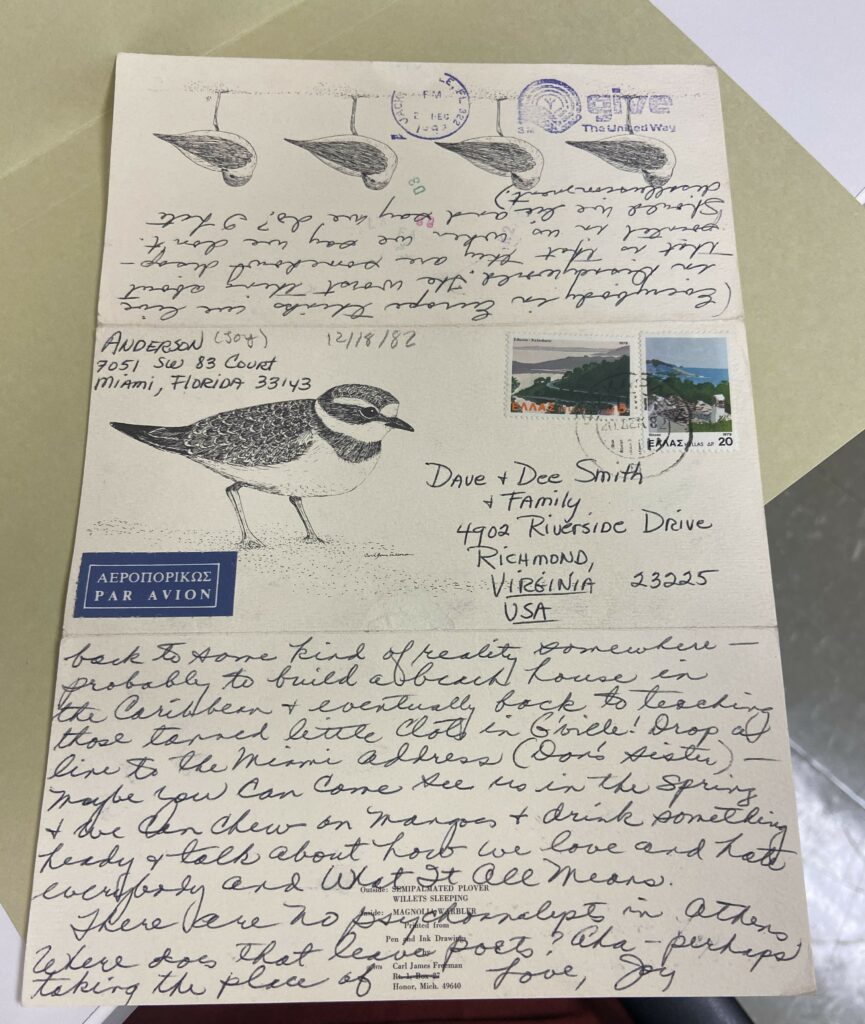 A postcard sent to Smith with three sections, the middle section features a small image of a bird