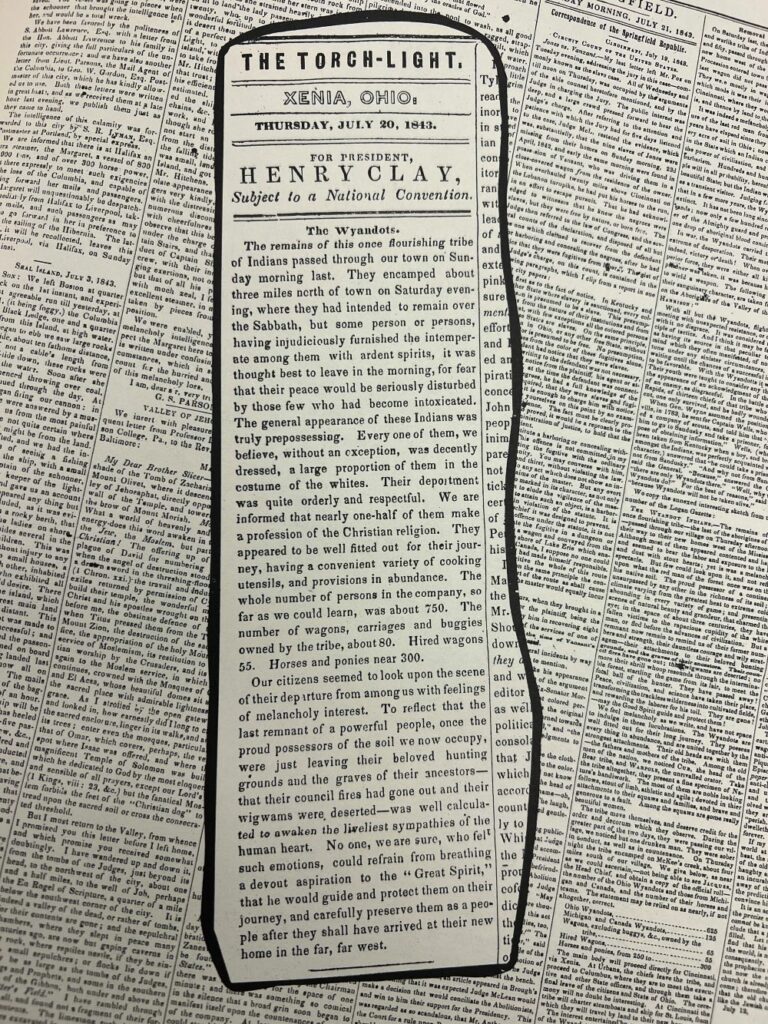 A clipping from the Xenia Torch-Light detailing Indigenous people’s reaction to their removal, as reproduced in Ohio Newspapers: A Living Record.