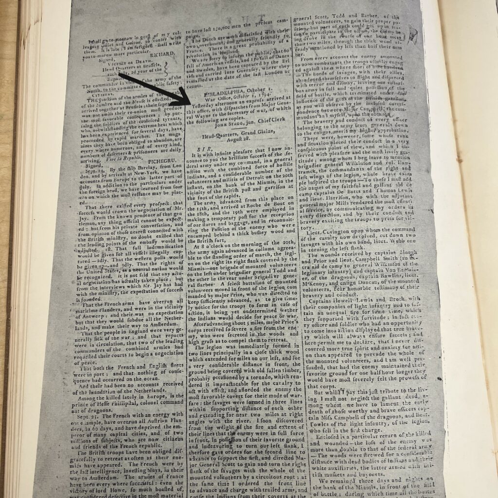 The Centinel’s coverage of the Battle of Fallen Timbers, as reproduced in Ohio Newspapers: A Living Record.