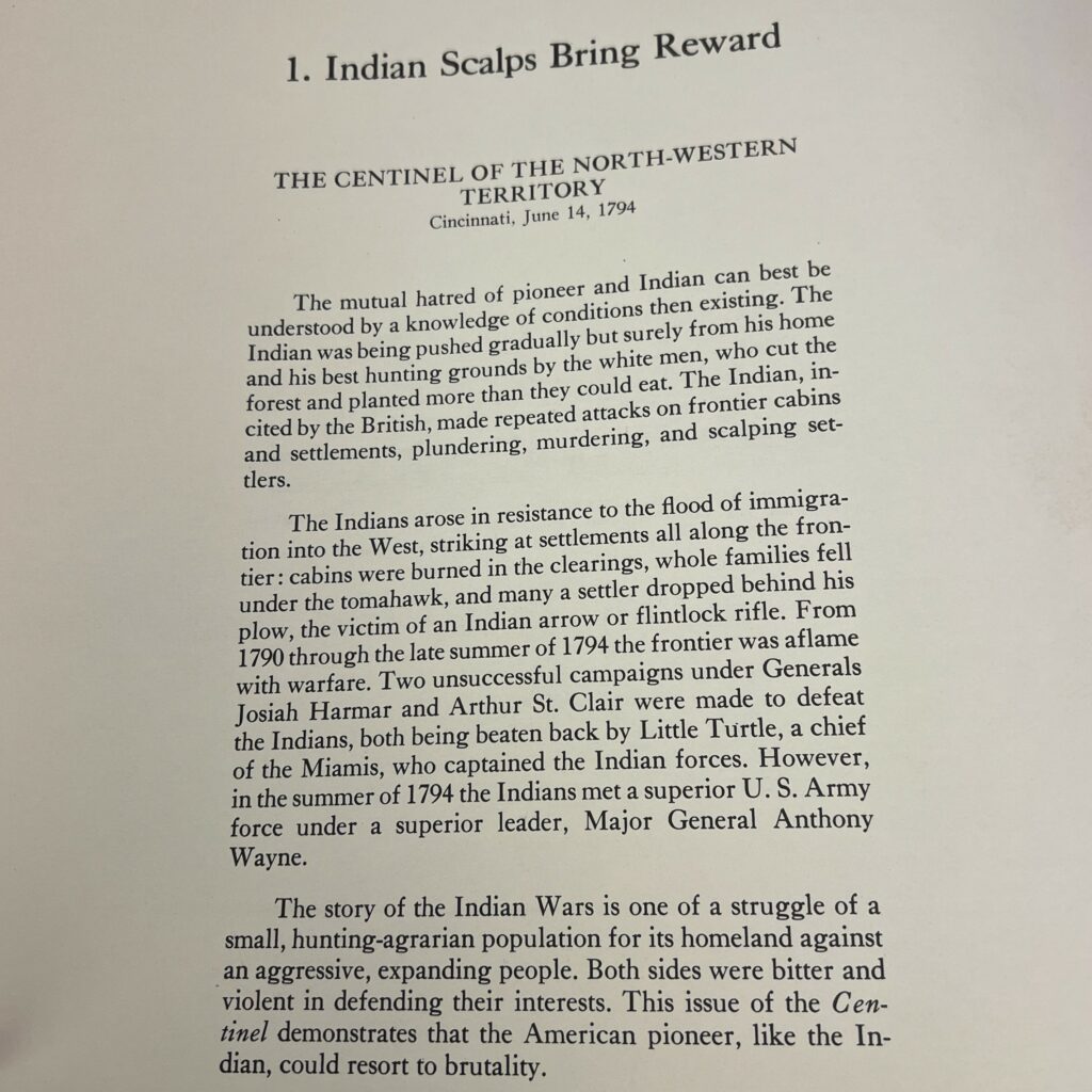 A broad description of The Centinel’s coverage of the Indian Wars, in Ohio Newspapers: A Living Record.