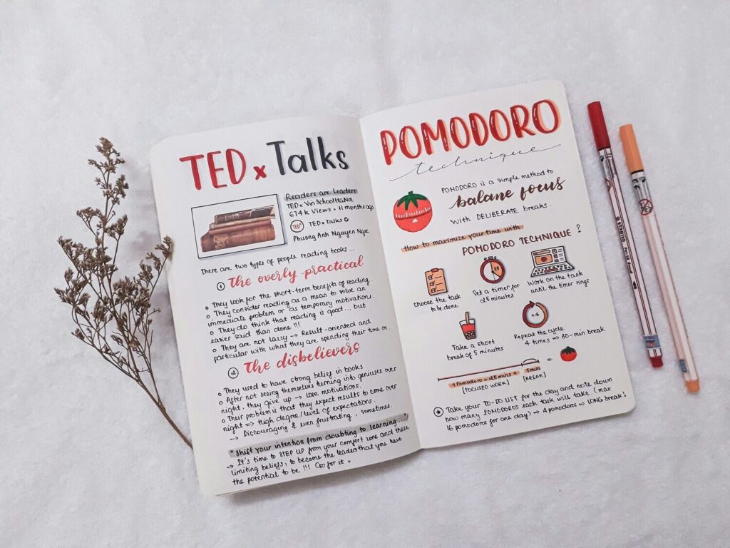 A sample bullet journal open to a page on the left about TedxTalks and on the right about the Pomodoro method. A sprig of dried flowers is on the left and 2 pens are on the right.