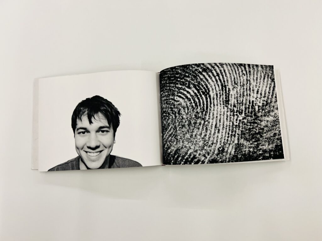 I.D. by Elle Bigner. Created in 2008 for Art 392D, Letterpress & Bookmaking with instructor Don Adleta. Bound using traditional Japanese stab technique with images of friends, family, and corresponding fingerprints.