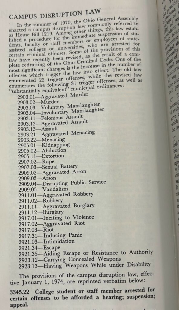 This image has an empty alt attribute; its file name is 1219-provisions-1-1-592x1024.jpg
The 1974-1975 Ohio University student handbook outlined all 33 trigger offenses to Ohio House Bill 1219 under “CAMPUS DISRUPTION LAW.” Ohio University Archives.