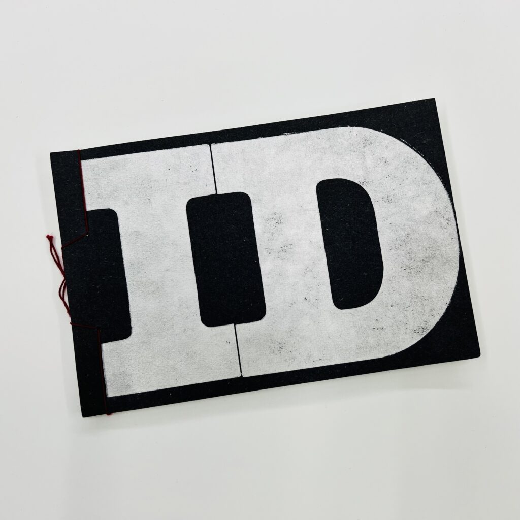 I.D. by Elle Bigner. Created in 2008 for Art 392D, Letterpress & Bookmaking with instructor Don Adleta. Bound using traditional Japanese stab technique with images of friends, family, and corresponding fingerprints.