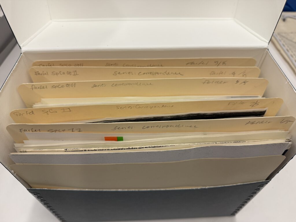 The processed archival box of Farfel correspondence.