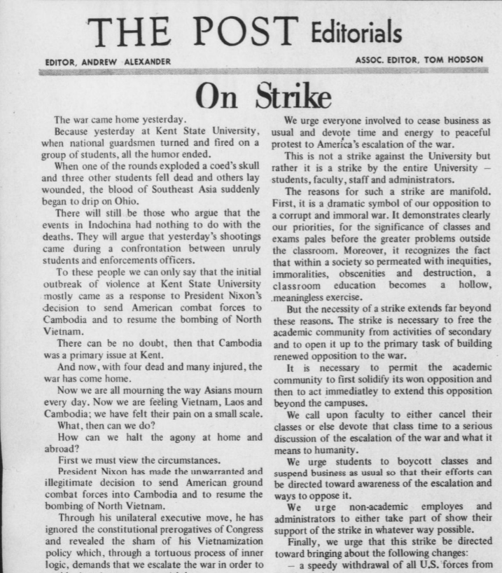 Clippings from The Post between May 5 and May 15, 1970 calling for a strike.