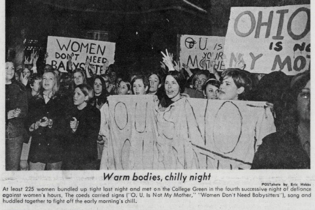 Photo from The Post (1969) showing women protesting their strict curfews; many carried signs saying, “OU is not My Mother” and “Women Don’t Need Babysitters.”