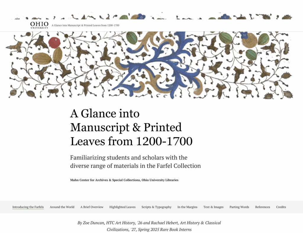 Screenshot of digital exhibit header: A Glance into Manuscript & Printed Leaves from 1200-1700.
