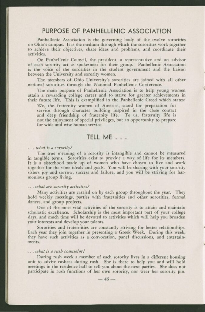 "Purpose of Panhellenic Association" in You, the Coed, 1964-65