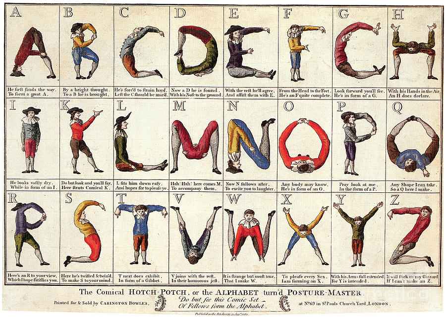 Carington Bowles, The Comical Hotch Potch, or The Alphabet turn'd Posture-Master, 1782.