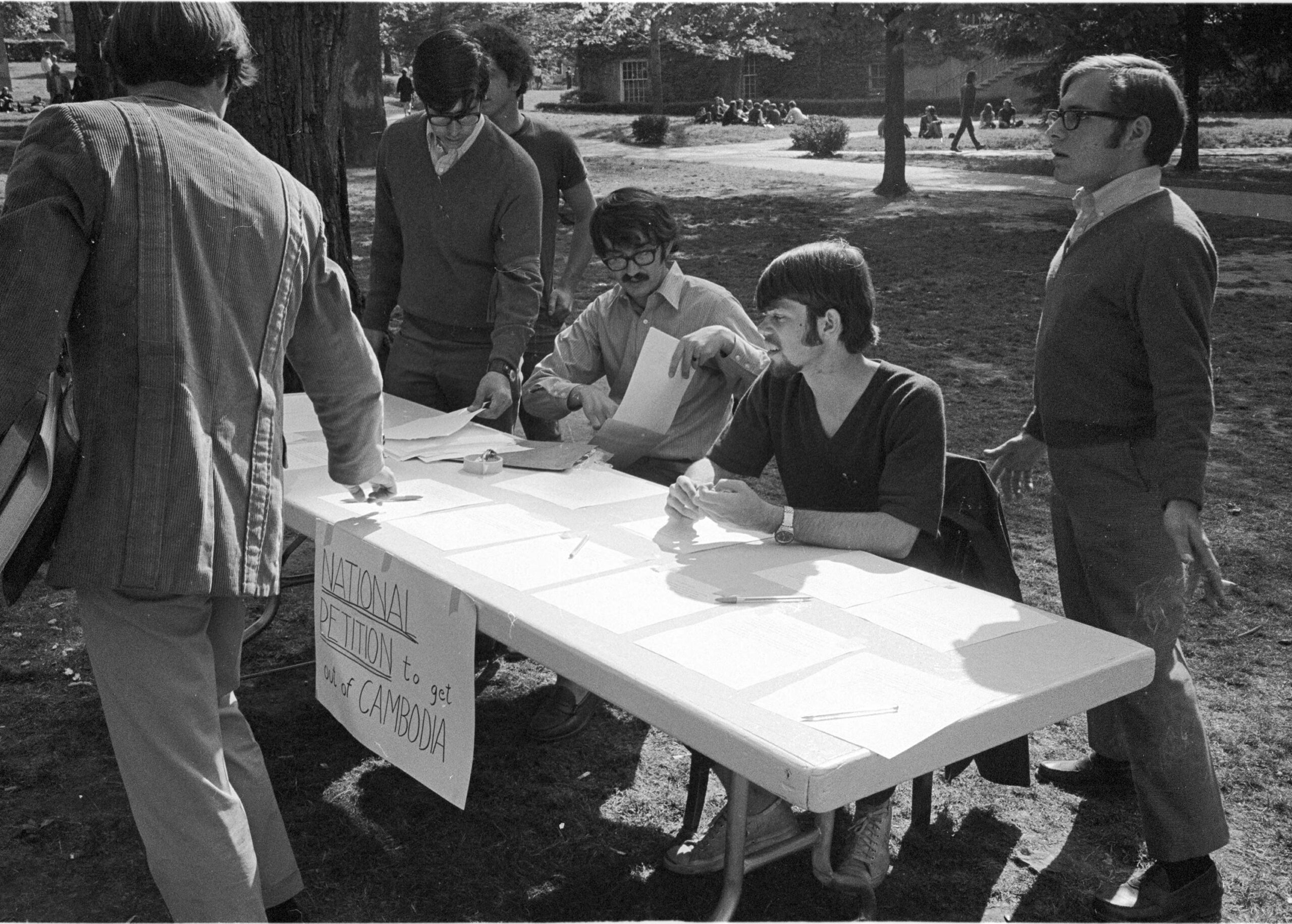 Students gather to organize a protest to get out of Cambodia, in the March for Murder. Photograph by Peter Goss.