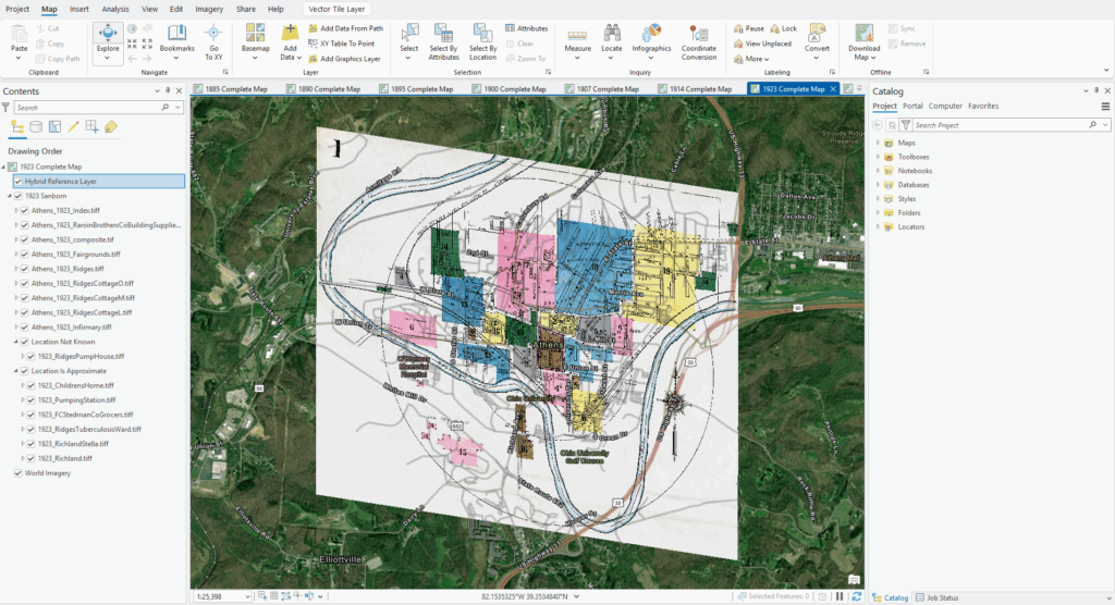 ArcGIS Pro screenshot showing historical Athens, Ohio 1923 Sanborn Map index overlayed on present-day satellite imagery
