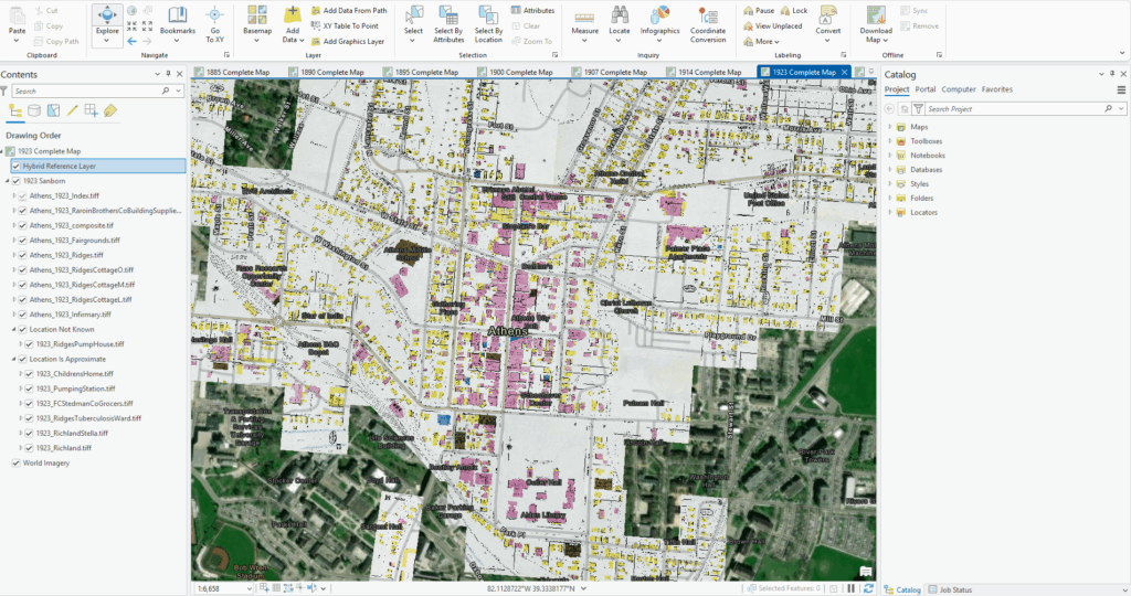 ArcGIS Pro screenshot showing historical Athens, Ohio 1923 Sanborn Map composite and outlier sections overlayed on present-day satellite imagery