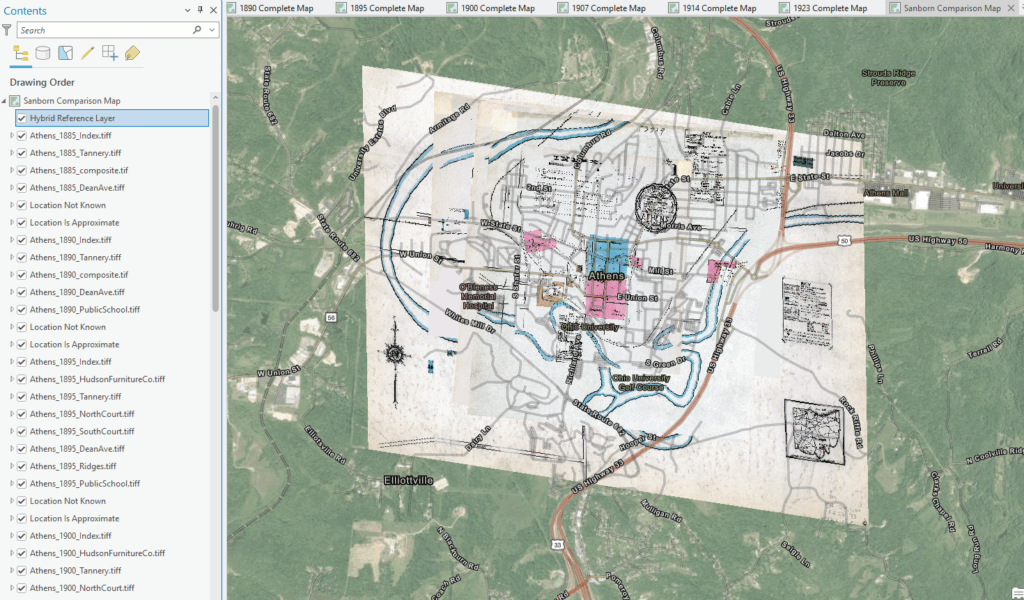 ArcGIS Pro screenshot showing historical seven layers of Athens, Ohio Sanborn Maps overlayed on present-day satellite imagery alongside detailed list of individual map sections