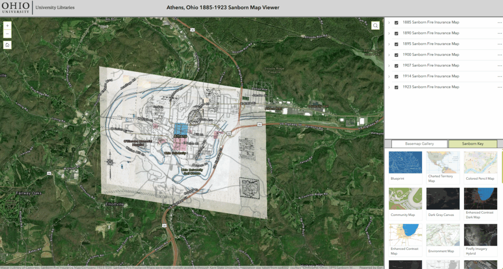 Screenshot of Athens, Ohio 1885-1923 Sanborn Map Viewer web page with interactive map and side panels with layer information and viewing controls