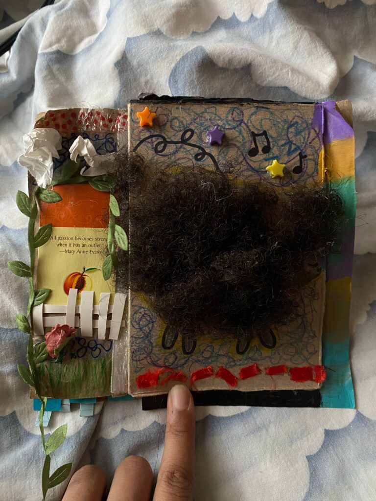 View of Fullen's book. Each illustration features a different hairstyle created out of Fullen's own hair.