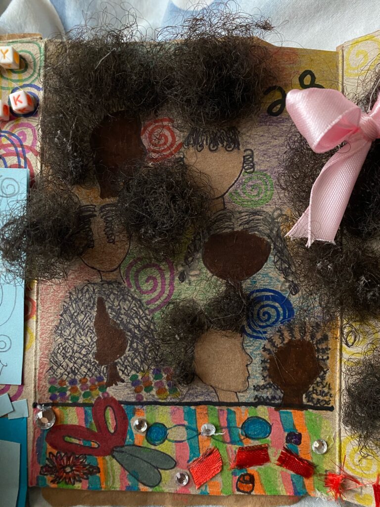 View of Fullen's book. Each illustration features a different hairstyle created out of Fullen's own hair.