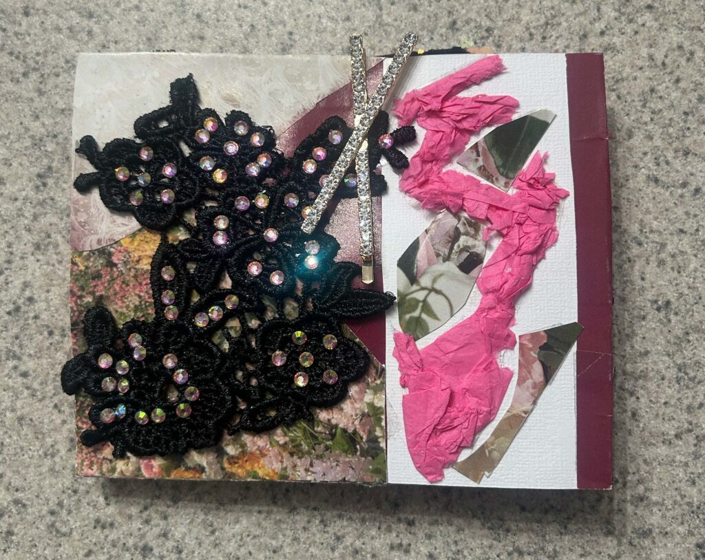 View of Currier's book featuring cut up pieces of her own dance costumes and printed and handwritten text.