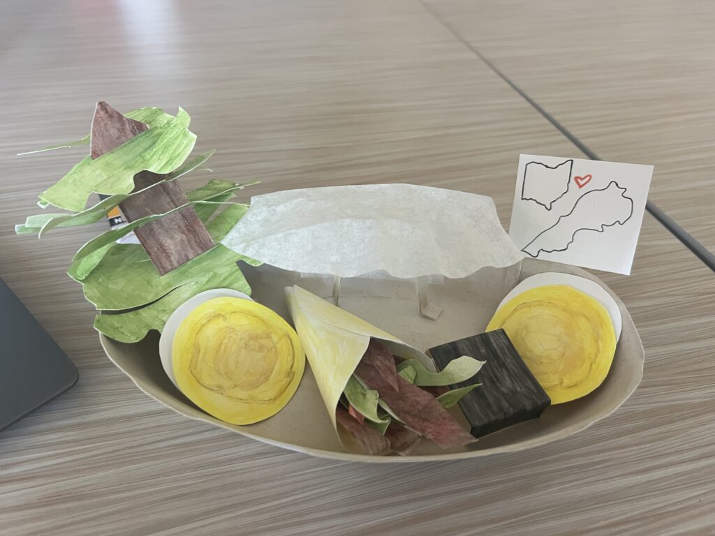 Joseph's paper book, including traditional Lebanese foods and finger cymbals.