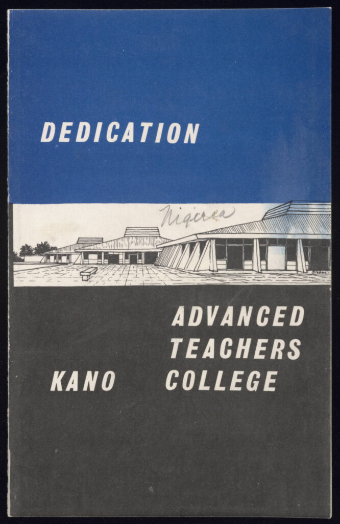Front cover of Advanced Teachers College, Kano, Nigeria dedication pamphlet with graphic of campus