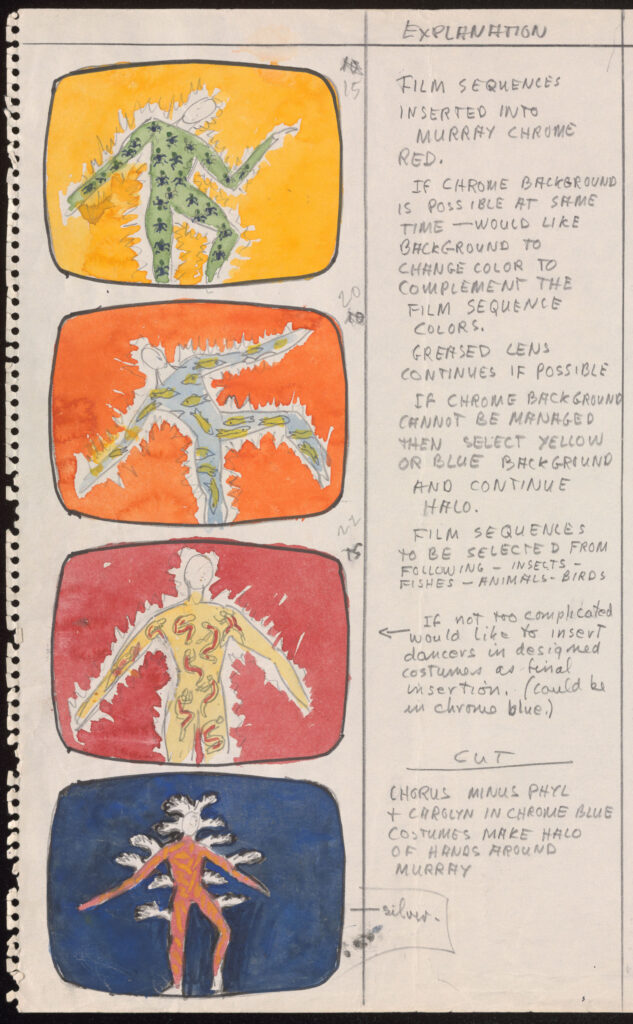 Storyboard with four frames depicting colorful dancing figures beside handwritten notes