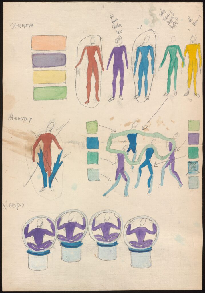 Watercolor sketch of figures in colorful costumes beside swatches