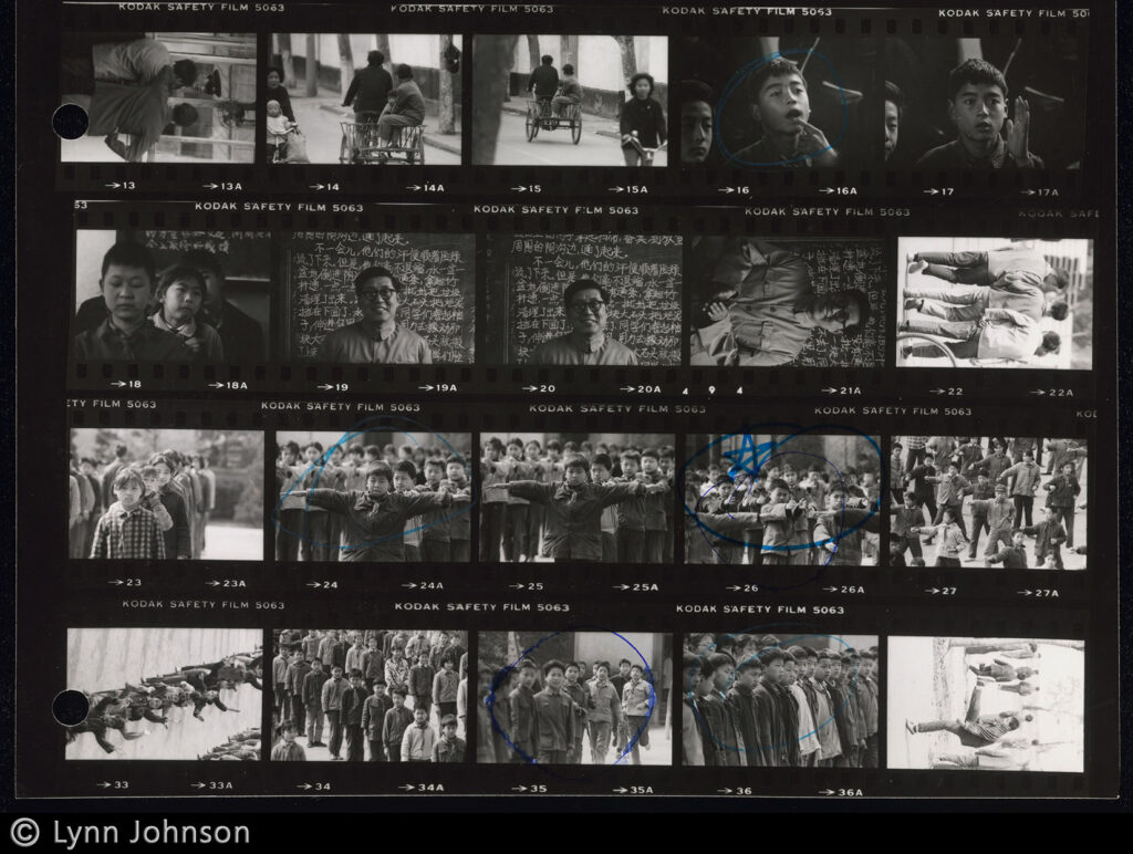 Cropped contact sheet with four rows of black-and-white photos, all of people in China