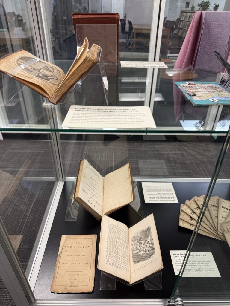 View of books on display in the "Enslavement & Abolition in Antebellum Texts & Contemporary Artists’ Books" exhibit
