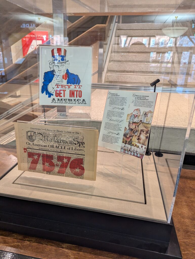 Materials on display in the exhibit, "Looking Back to the United States 1976 Bicentennial."
