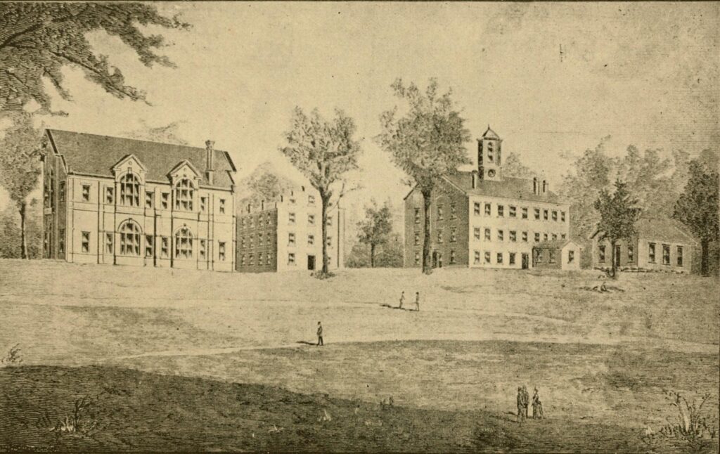 Black and white Illustration of Ohio University campus in 1892 showing several buildings and people in foreground.