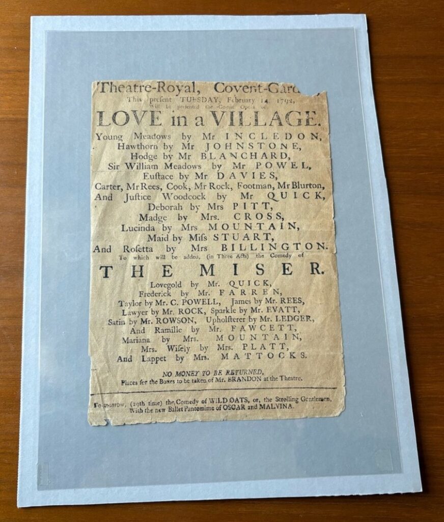 A paper broadside advertising the plays "Love in a Village" and "The Miser" from 1792.