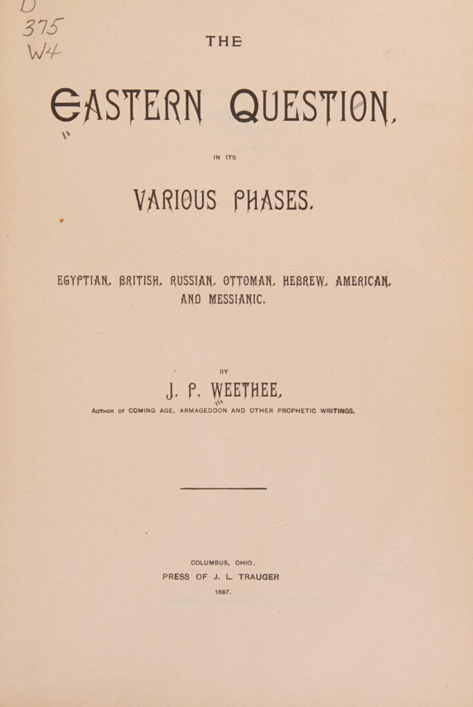 Title page of The Eastern Question, a book by J. P. Weethee published in 1887.