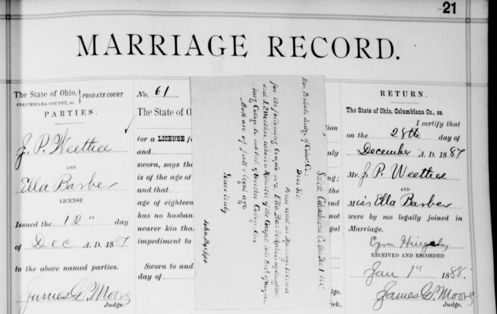 Marriage record for J.P Weethee and Ella Barber. 