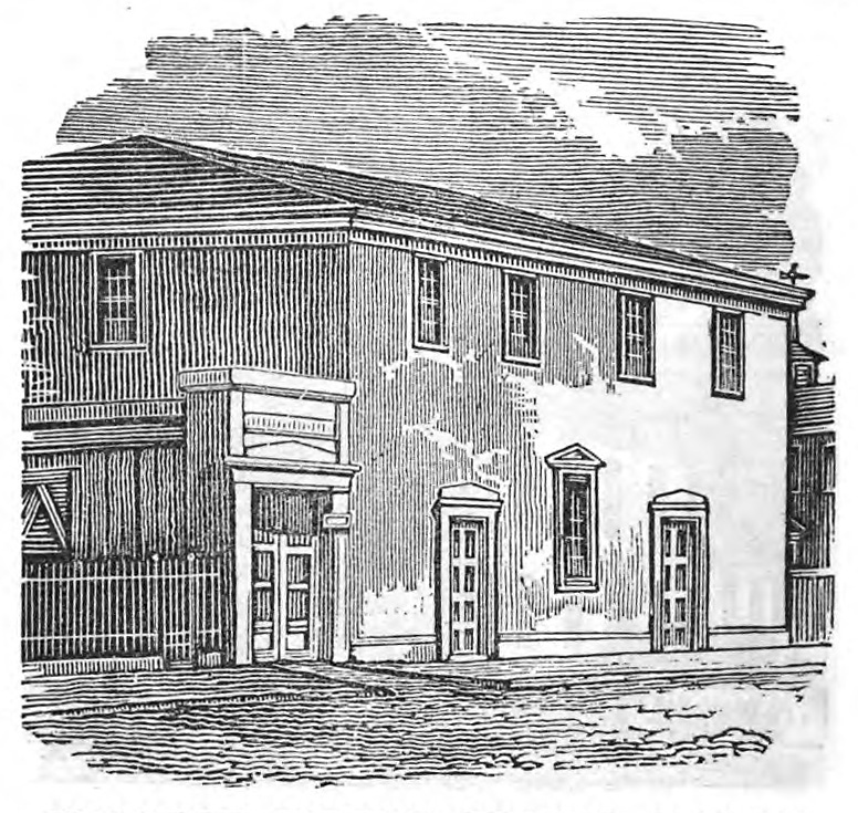 1851 engraving of Chardon Street Chapel, a simple two-story building, in Boston, Massachusetts.