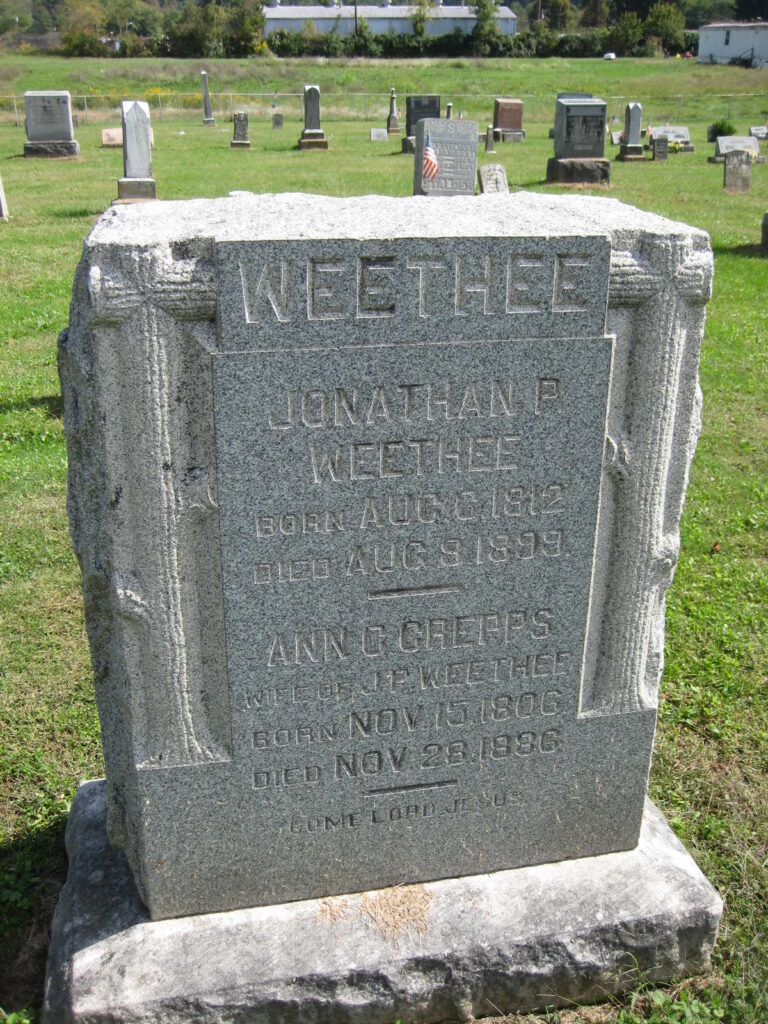 Granite headstone marking graves of Jonathan Perkins Weethee (1812-1899) and Ann Crepps (1806-1886).