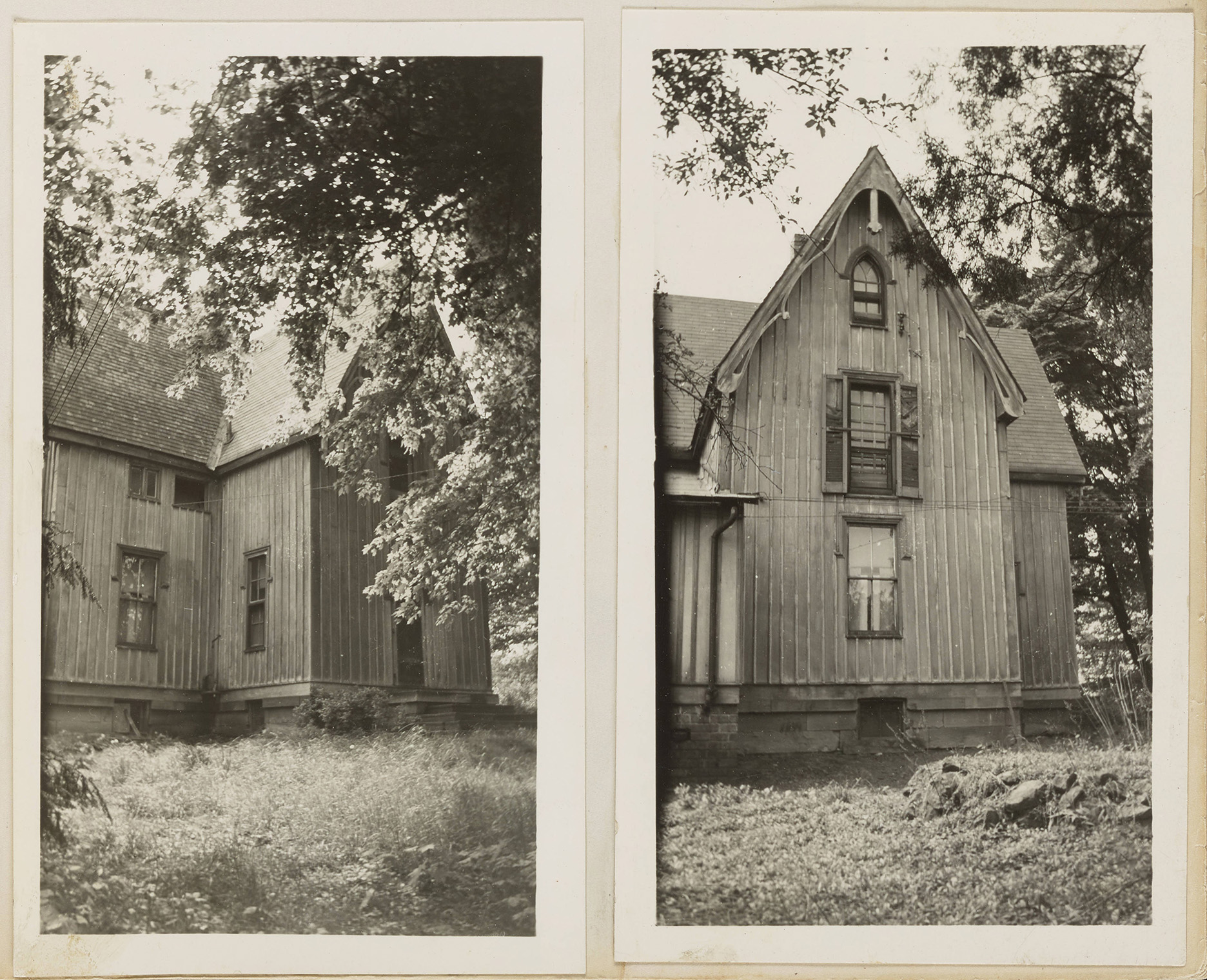 Two black and white scrapbook photos  of a wood-sided three-story house with a steep pitched roof and decorative eaves.
