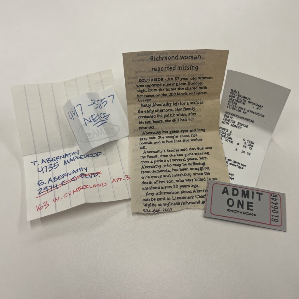 Newspaper clippings, tickets, receipts, and handwritten notes from Abernathy Case: Banker’s Box by Unknown.