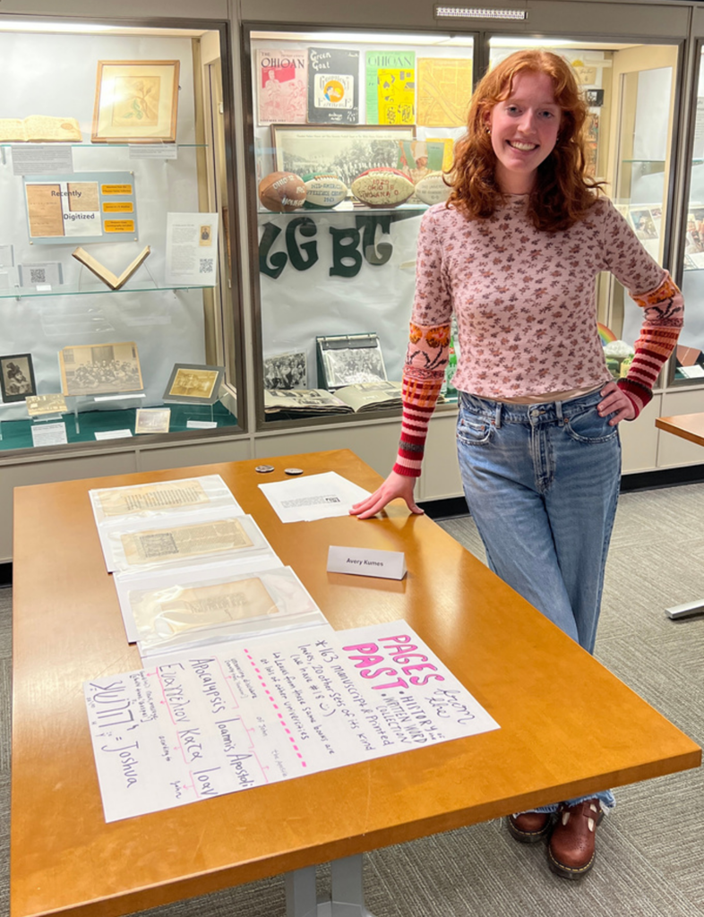 Me with the leaves I displayed at the Founder’s Day Spring showcase, February 18th, 2026. I presented three different Biblical leaves from Pages From the Past in the languages I studied this semester: Greek, Latin, and Hebrew. I enjoyed talking about my Pages from the Past research and my experiences with these languages! Photograph courtesy of Dr. Cory Crawford.