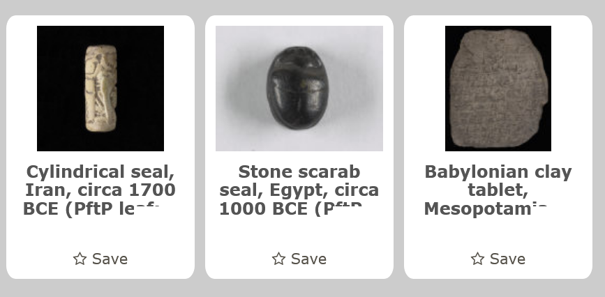 Screen capture of the 3 artifacts in Pages from the Past. The 3D images are available within each item's record. Link to digital items in our collection.