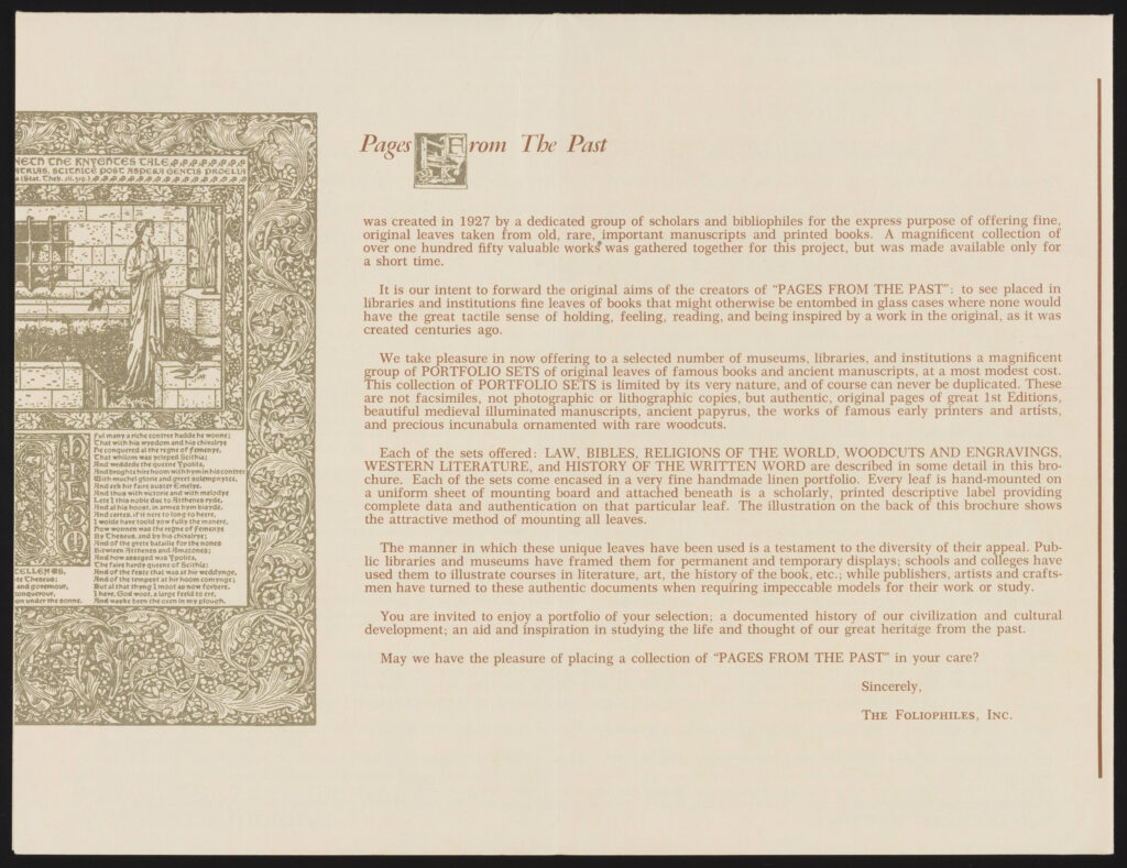 This letter from the Foiliophiles was printed on Pages from the Past indexes. It highlights the different offerings of the company and the uniqueness of their sets. Link to digital items in our collection.