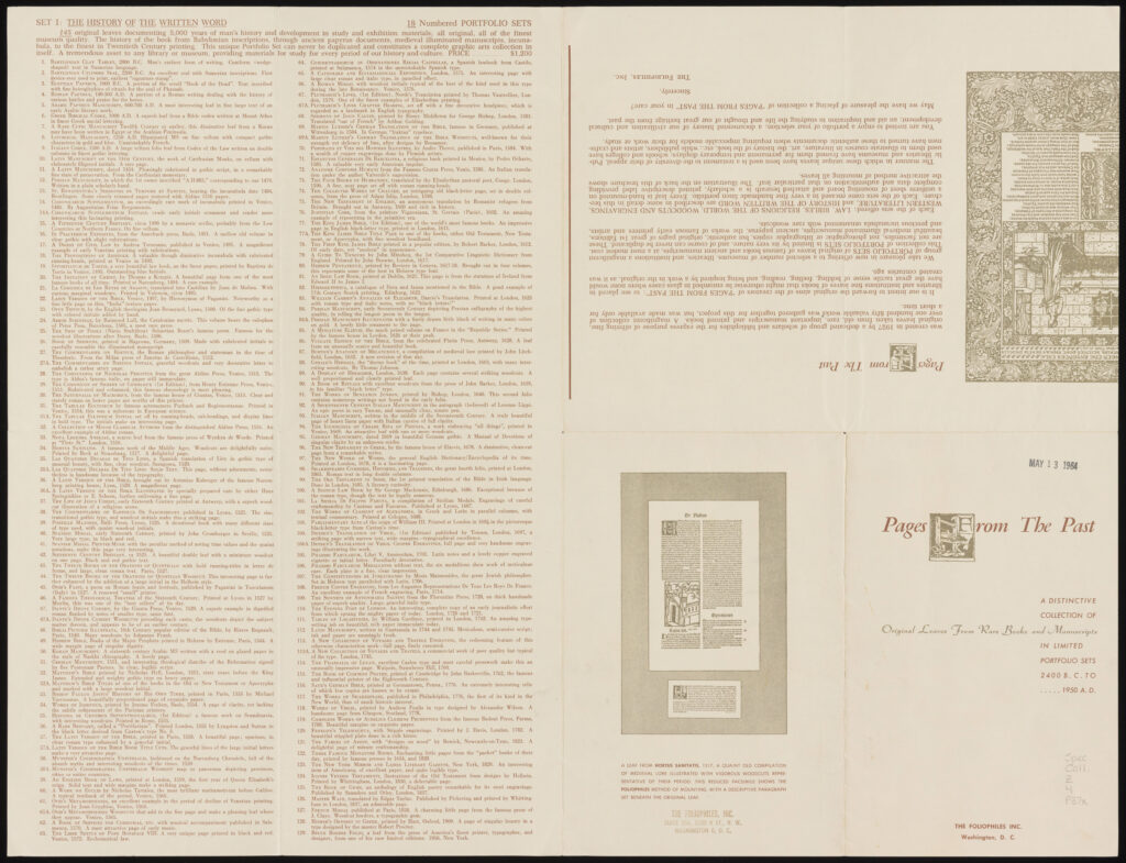 Foldout index included with our Pages from the Past set detailing the contents of the set and information about the Foliophiles. Link to digital items in our collection.