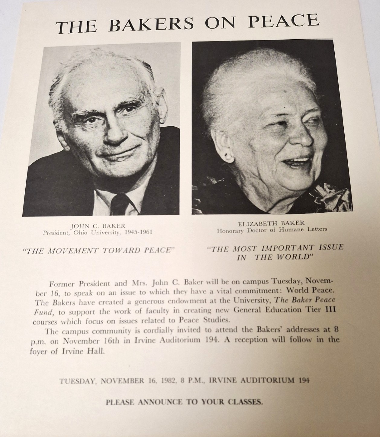 John Calhoun Baker: Peace Studies Program and Other Papers, 1913-1997