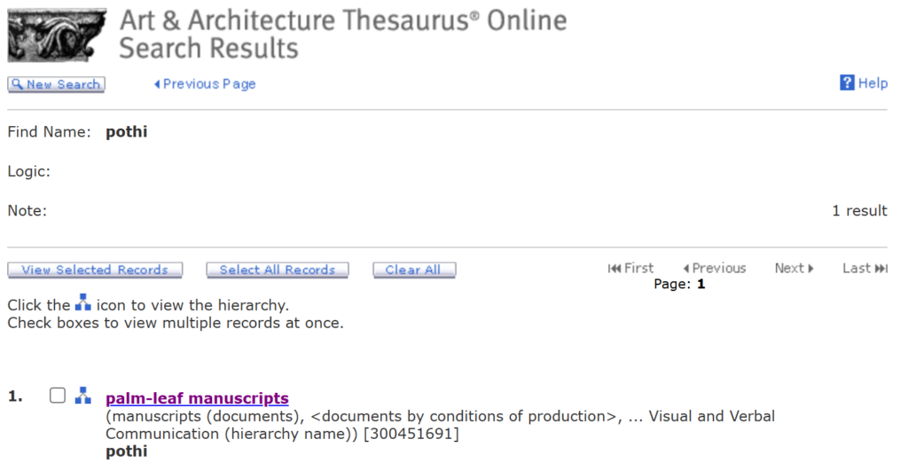 Screenshot of Art & Architecture Thesaurus search for the term "pothi" with one result, "palm-leaf manuscripts."