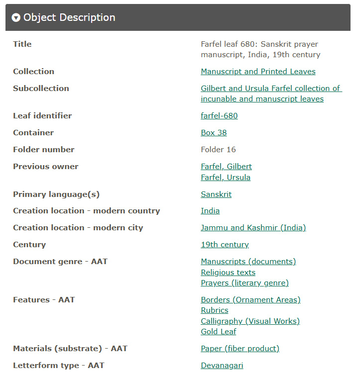 Screenshot of metadata fields describing Farfel leaf 680 including creation location, genre, features, language, materials, and letterform type.